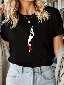 1 camiseta de manga corta negra, versátil y a la moda para mujer, diseño estampado sencillo, opción para otoño, 180g 100% algodón. - Negro - Ver 1
