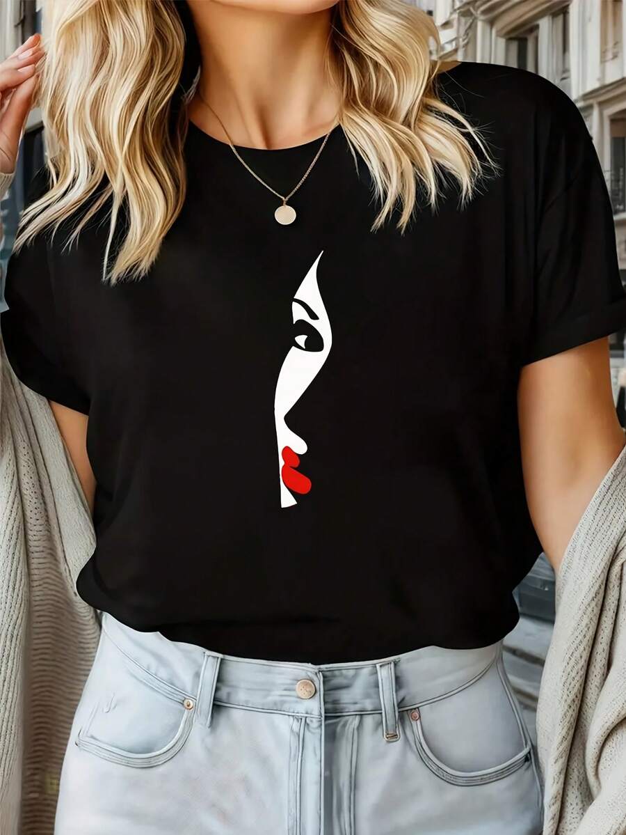 1 camiseta de manga corta negra, versátil y a la moda para mujer, diseño estampado sencillo, opción para otoño, 180g 100% algodón. - Negro - Ver 1