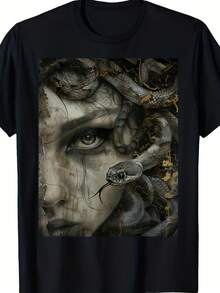 Camiseta vintage de la mitología griega de Medusa, diseño misterioso y aterrador, corte regular, cuello redondo, 100% algodón puro de 180 gramos, unisex, adecuada para uso casual y deportivo. - Negro - Ver 6