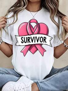 Camiseta con la cinta de concientización sobre el cáncer de mama, diseño de cinta rosa y texto de sobreviviente para eventos de sensibilización y grupos de apoyo. - Blanco - Ver 1