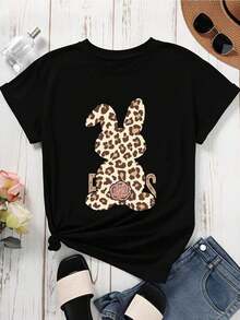 Camiseta con Estampado de Conejo y Leopardo para Mujer, Corte Holgado, Manga Corta, Estilo Casual, Moda de Verano, Camiseta con Patrón Animal - Negro - Ver 3