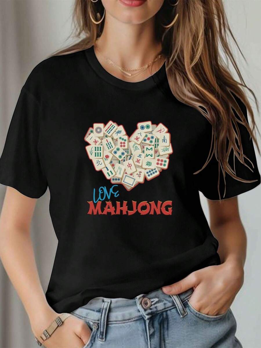 Mahjong Love Summer Short Sleeve Ladies T-Shirt Printed Casual Top - Black - View 1