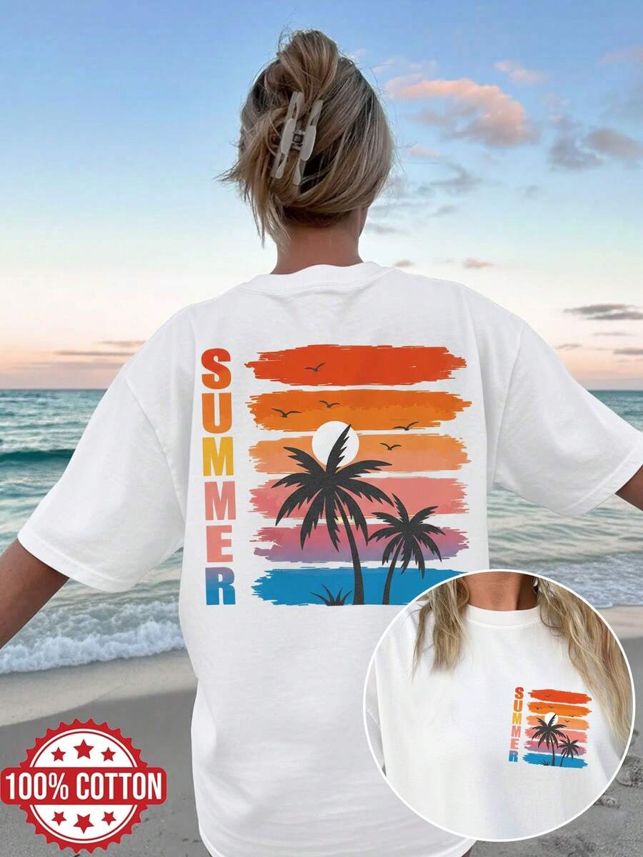 [Double-Sided Print] Women's Spring And Summer Clothing, Women's Tops, Vintage Style, Coconut Trees, Sunset, Short-Sleeved T-Shirt, Off-The-Shoulder, Pure Cotton, Plus Size [Quan K] Elegant Party Outfit, T-Shirt For Elegant Ladies, Blouses Suitable For Curvy Women, Prom Skirts, Casual Wear - 白色 - 查看 1