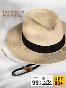 1 chiếc mũ Fedora bằng rơm, mũ Panama vành rộng thoáng khí với ruy băng đen, mũ đi biển gấp gọn chống tia UV, kiểu dáng thường ngày mùa hè cho cả nam và nữ. - nhiều màu - Xem 7