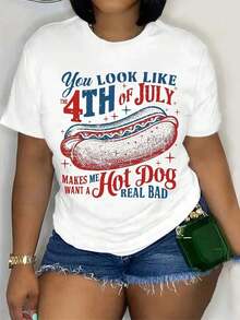 Women's Casual Short Sleeve Crew Neck T-Shirt, Regular Length, Alphabet Print, All Seasons Top With Hot Dog Graphic "You Look Like The 4th Of July" - Pink-1-1 Women's T-Shirts - 白色 - 查看 1
