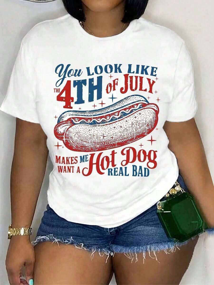 Women's Casual Short Sleeve Crew Neck T-Shirt, Regular Length, Alphabet Print, All Seasons Top With Hot Dog Graphic "You Look Like The 4th Of July" - Pink-1-1 Women's T-Shirts - 白色 - 查看 1