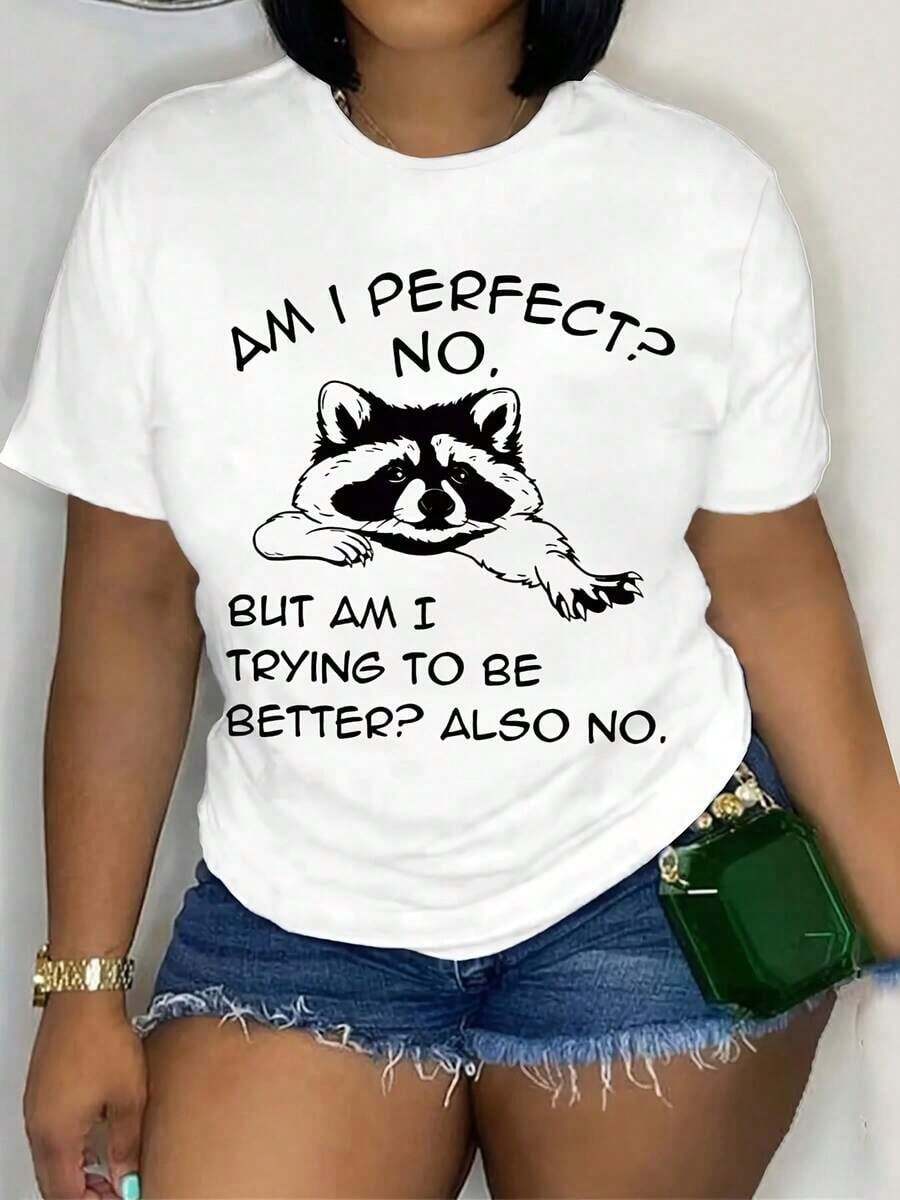 1 Piece Women's Casual Short Sleeve Crew Neck T-Shirt With Letter And Raccoon Print, Stretch Polyester Knit Fabric, Funny Slogan T-Shirt For All Seasons-1-1 Women's T-Shirts - 白色 - 查看 1