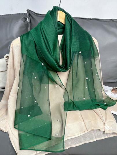 1pc Paul Veronese Green Elegant Scarf With Embedded White Pearls, Luxurious Shawl For Formal Events And Daily Wear As Headscarf