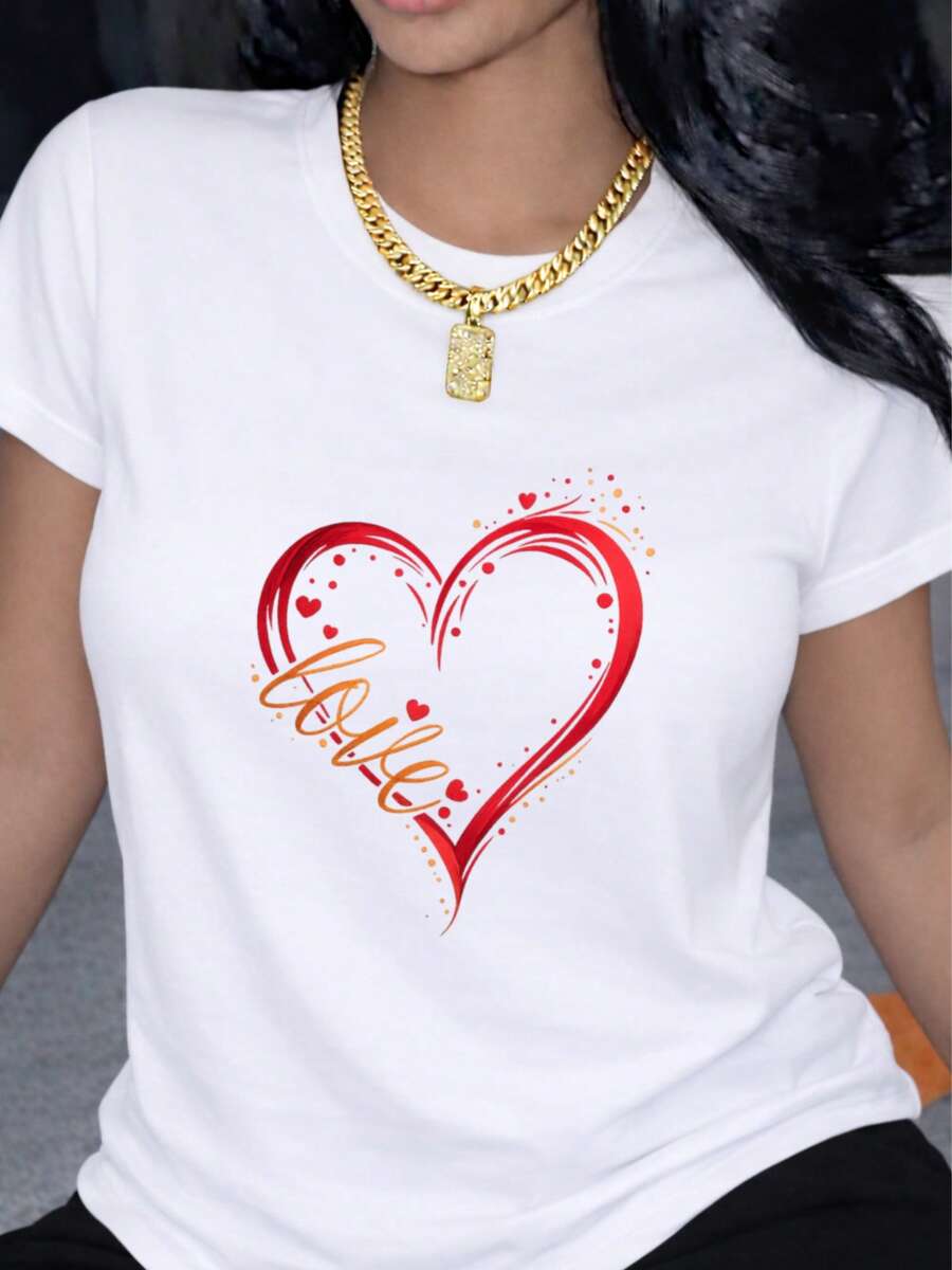 Fashionable Women's T-Shirt With A Creative Heart Print For Valentine's Day. Features Soft Short Sleeves, A Simple Yet Elegant And Stylish Design, Making It A Must-Have For Young Women And Perfect For The Holidays. Casual Women's Blouses - 白色 - 查看 1