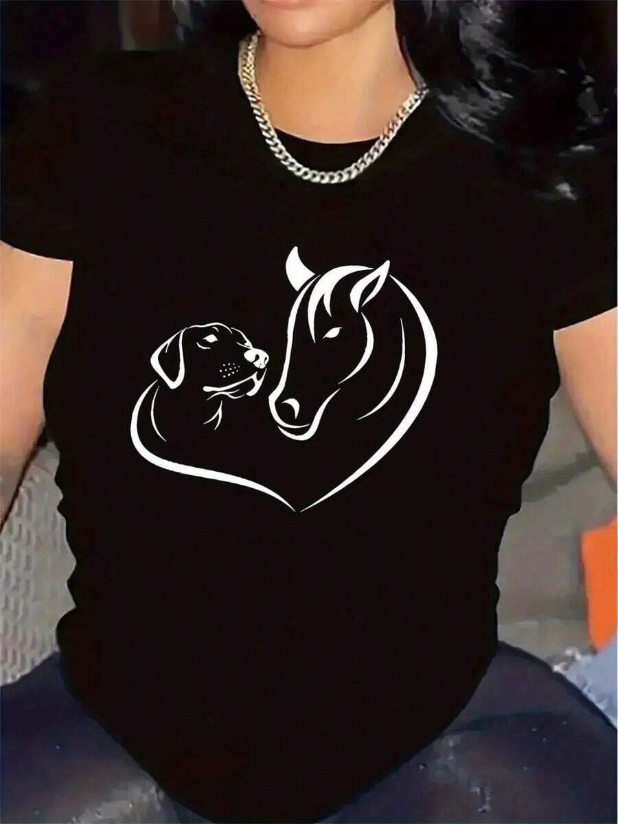 Camiseta de poliéster negra para mujer con diseño de corazón y perro/caballo - Suave, cómoda y duradera, perfecta para uso en casa o al aire libre, elegante regalo para amantes de las mascotas, corte unisex, ropa casual para el día a día. | Camiseta con Diseño Divertido | Tela de elasticidad mediablusas para mujer>ropa - Negro - Ver 1