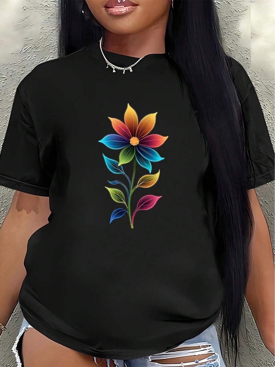 Polyester Short-Sleeved T-Shirt, Adorned With Bright Rainbow Floral Prints, Lightweight And Durable, Suitable For Home, Office, Or Casual Outdoor Wear, Comfortable And Fitted For Everyday Use. Women's Blouses > Clothing - 黑色 - 查看 1