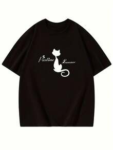 Simple And Versatile Unisex Design [Korean Style] Women's Short Sleeve T-Shirt With Cat Back Print - Loose And Modern Pure Cotton T-Shirt - 白色 - 查看 2