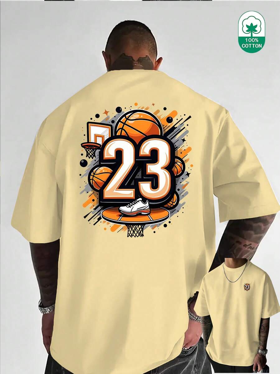 Heavyweight Pure Cotton T-Shirt With A Round Neck, Featuring A Creative Basketball Number And Letter Print On The Front And Back. This Urban Fashion Item For Men Is Casual And Versatile, Perfect For #Commuting #Leisure #Home #Office - 杏 - 查看 1