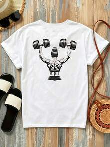 New 180g Short-Sleeved T-Shirt, 1% Cotton, With Front And Back Prints - Fitness Training, Dumbbell Weightlifting - Fashionable Printed T-Shirt For Women, Short-Sleeved, Suitable For All Seasons,  Clothing - Can Be Worn As A Base Layer In Spring And Autumn Or Alone In Summer, Unisex. - 白色 - 查看 2