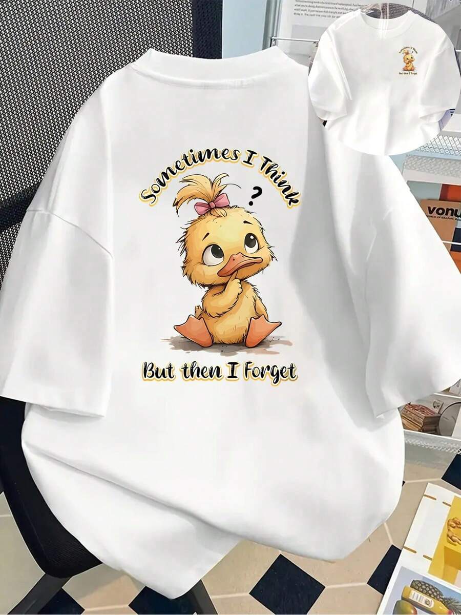 New 180g Short-Sleeved T-Shirt, 1% Cotton, With Prints On The Front And Back - Thinking Duck, Cute Cartoon Duck - Fashionable Printed T-Shirt For Women, Short-Sleeved, Suitable For All Seasons, Clothing - Can Be Worn As A Base Layer In Spring And Autumn Or Alone In Summer, Unisex. - 白色 - 查看 1