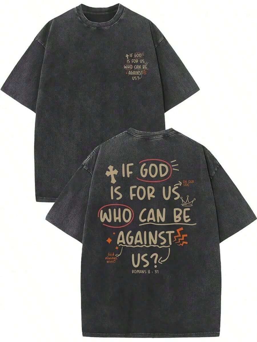 1 Piece, 230G Double-Sided Water Wash. If God Is With Us, Who Can Resist Us?1 Piece, Washed Printed T-Shirt 230g, High-Quality Batik Cotton Retro Fashion Brand T-Shirt, A Certain Thickness Suitable For Summer T-Shirts, Holiday Gifts.(Retro Style, Heavyweight, Unisex) - 黑色 - 查看 1