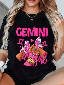 Camiseta Clásica Unisex con Estampado de la Chica Géminis y el Signo Zodiacal, Zapatillas Rosadas y Estampado de Mano, Cuello Redondo, para Uso Casual, Conjuntos de, Moda Diaria, Estilo de Temporada, Regalo para Familiares y Amigos, Blusas Casuales para Mujer - Negro - Ver 6