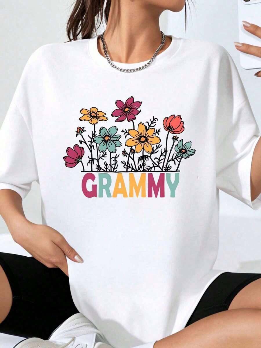 Women's Oversized T-Shirt With Floral Grammy Design, Casual Summer Top With Colorful Flower Print, Loose And Comfortable Fit, Streetwear Style - 白色 - 查看 1