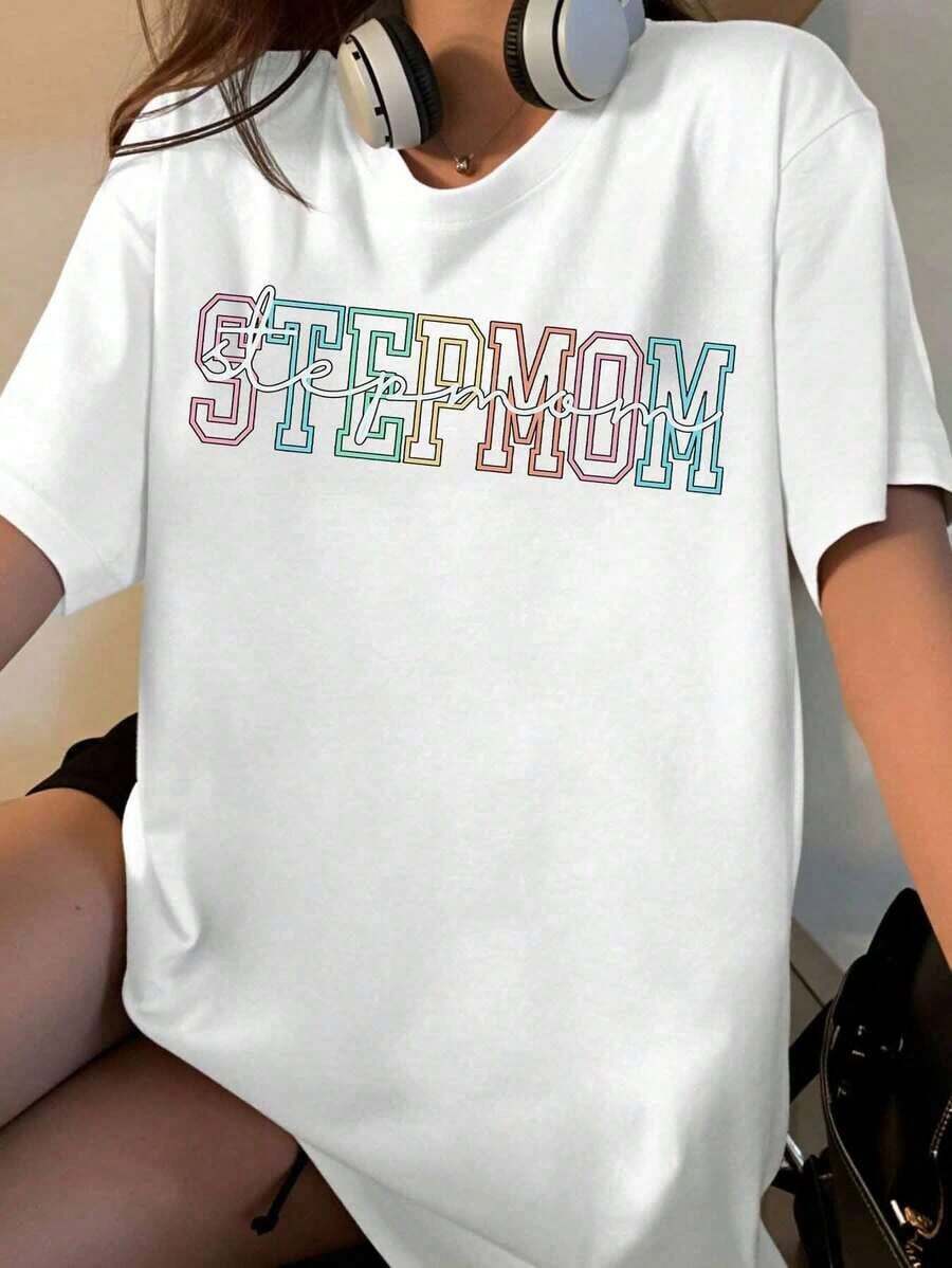 Women's Rainbow Letter Print Mother's T-Shirt, Casual Summer Top, Mother's Day Gift, Fashionable Mother's T-Shirt - 白色 - 查看 1