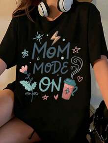 Women's "Mom Mode On" T-Shirt, Funny Gift For Mom, Mother's Day T-Shirt With Coffee And Flowers Design, Perfect For Casual Wear And Daily Activities [Suitable For Leisure And Sports Occasions] - 黑色 - 查看 7