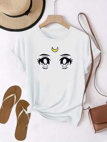 Stylish Women's Casual T-Shirt With "Moon Eyes" Print | Comfortable, Breathable, Slightly Stretchy Fabric, Round Neck, Multi-Color Options, Ideal For Spring And Summer - 白色 - 查看 1