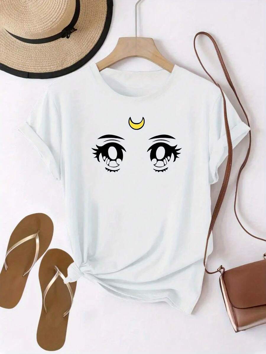 Stylish Women's Casual T-Shirt With "Moon Eyes" Print | Comfortable, Breathable, Slightly Stretchy Fabric, Round Neck, Multi-Color Options, Ideal For Spring And Summer - 白色 - 查看 1