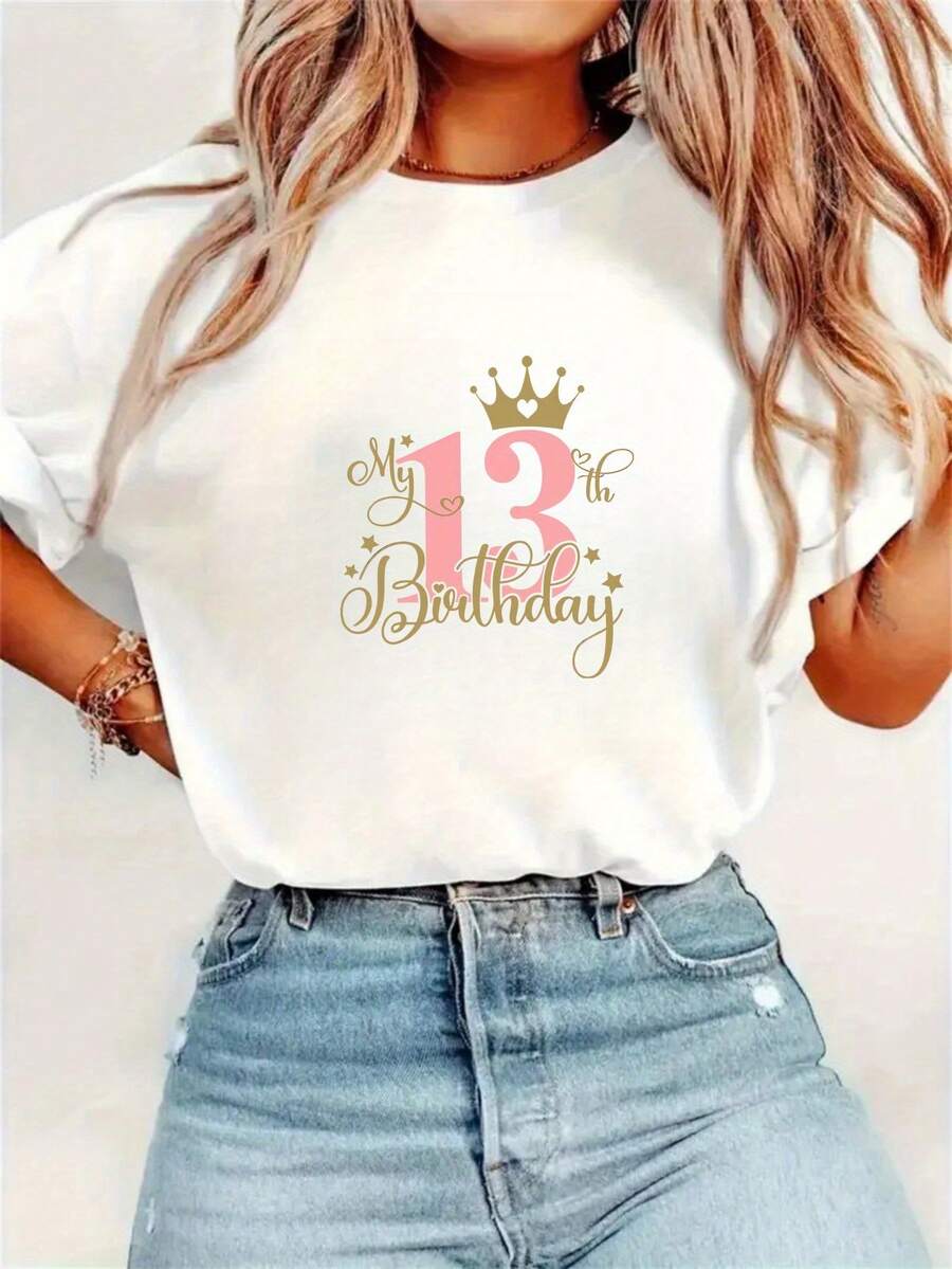 1 Piece Y2K Style Women's 13th Birthday SVG, 13th Birthday PNG, Birthday SVG, Formal SVG, My 13th Birthday SVG, It's My Birthday SVG, Short Sleeve T-Shirt With Birthday Queen Pattern Print S Birthday Gift - 白色 - 查看 1