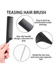 3 Pieces Pick Teasing Combs Hair Brush Set Includes Carbon Lift With Metal Prong, Three-Row Comb, The Curved Design Better Follows The Contours Of The Head, Rat Tail Comb Can Work With Your Hairdryer, Help You Section And Separate The Hair Quickly - Multicolor - View 4