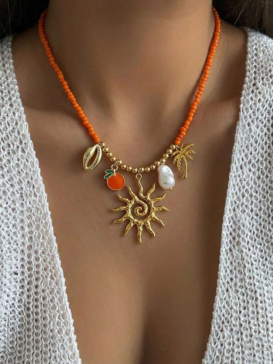 1 chiếc vòng cổ hạt cườm phong cách nhiệt đới Bohemian Y2K màu cam, đính ngọc trai giả, men tráng men, hình cây cọ mặt trời, vỏ sò màu cam, nhiều mặt dây chuyền cho phụ nữ và bé gái, thích hợp cho kỳ nghỉ biển, trang phục mùa hè, mặc hàng ngày, phong cách đường phố Hawaii, du lịch, tiệc bể bơi. - Nhiều màu - Xem 1