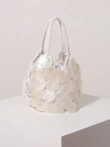 Women's Shell Decor Knitted Mini Handbag, Bohemian Style, Suitable For Beach Vacation, Travel And Summer Holiday, Lightweight Tote Bag, Suitable For Girls And Ladies, Beach Essential - White - View 8