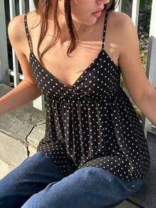 Women's Babydoll Tank Tops Stylish Dot Print Loose Hem V Neck Spaghetti Strap Camisoles - Negro - Ver 4