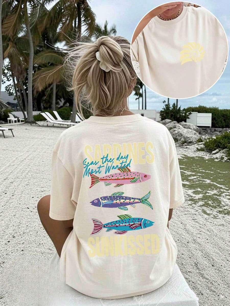 Women's Loose-Fitting Short-Sleeved T-Shirt, Retro And Vibrant Style, 100% Cotton, With A Double Print Of Sardines And Seashells In Three Colors On The Front And Back, Inspired By A Sunny Day At The Beach. Breathable T-Shirt For Summer Beach Vacations, With A Letter Print, For Adult Women, Short-Sleeved And Fashionable, Made Of Breathable Fabric, Suitable For Back-To-School Outfits, Ideal For Outdoor Wear, Perfect Gift. - 杏色 - 查看 1