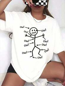 100% Cotton 1 Piece Oversized Stick Figure Graphic T-Shirt, Casual And Fun, For Women And Men, Unisex, Streetwear Style, Comfortable For Daily Wear, 220gg 100% Cotton Women's Simple Solid Color T-Shirt, Loose And Slim Fit Casual Short Sleeve - 白色的 - 查看 10