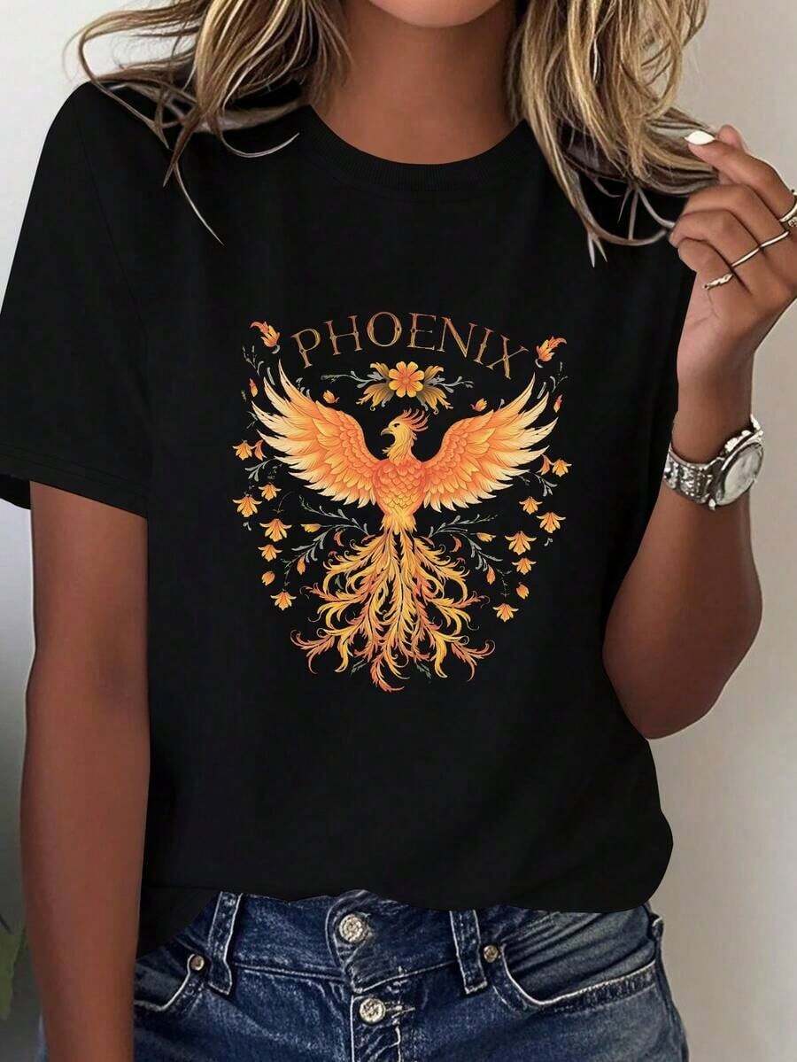 GiftCamias With Phoenix Prints, Floral Design, Women's Shirt Made Of Pure Cotton, Comfortable Fit, 100% Cotton. Soft - 黑色 - 查看 1