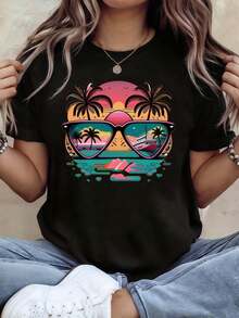 Camiseta retro para mujer con diseño de puesta de sol y un patrón de cocoteros incrustado en las lentes, de manga corta informal, estilo ciber-retro vibrante y moderno, perfecta para vacaciones de verano y para un uso diario único. - Negro - Ver 8
