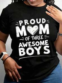 Women's T-Shirt: Women's "Proud Mom Of Three Cool Boys" T-Shirt With Black Graphic Print For Maternal And Family Pride, Casual Wear - 黑色 - 查看 1