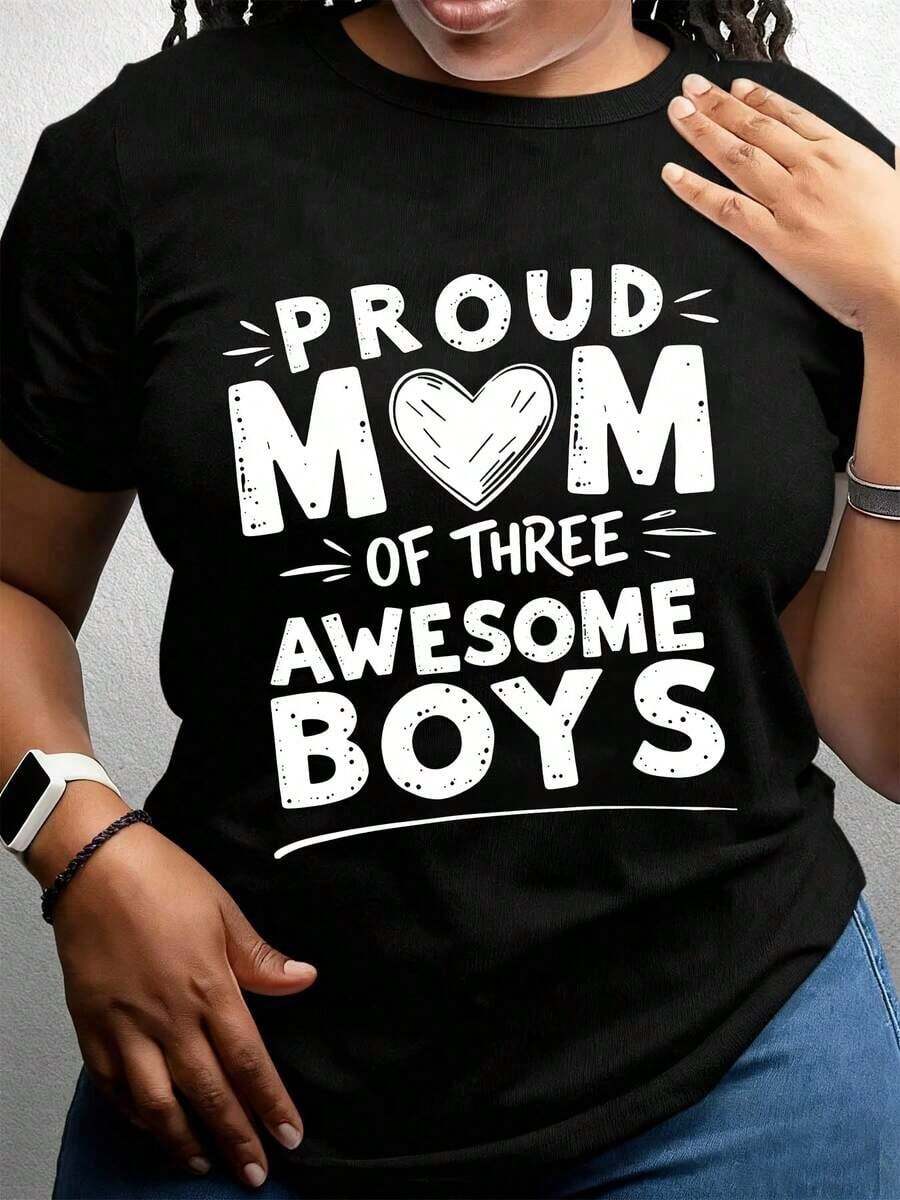 Women's T-Shirt: Women's "Proud Mom Of Three Cool Boys" T-Shirt With Black Graphic Print For Maternal And Family Pride, Casual Wear - 黑色 - 查看 1