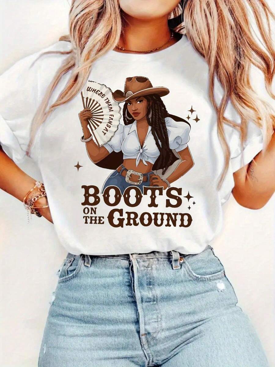 Western Style, Cowboy Print, Casual Short-Sleeved T-Shirt For Women, Comfortable And Well-Fitting, Perfect For Matching Outfits With Friends, Essential For Outdoor Travel, Women's T-Shirt, Spring And Summer T-Shirt. - 白色 - 查看 1