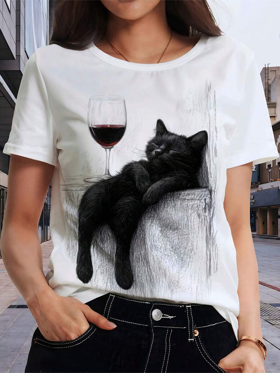 Elegant Women's T-Shirt With Black And Wine Red Cat Print - Casual Short Sleeve White Blouse, Soft And Comfortable For Everyday Wear, Machine Washable, Fashionable Artistic Design, Simple Style, Durable Material, Comfortable For Home, Artistic Print, A Must-Have For Fashion Enthusiasts. - 白色 - 查看 1