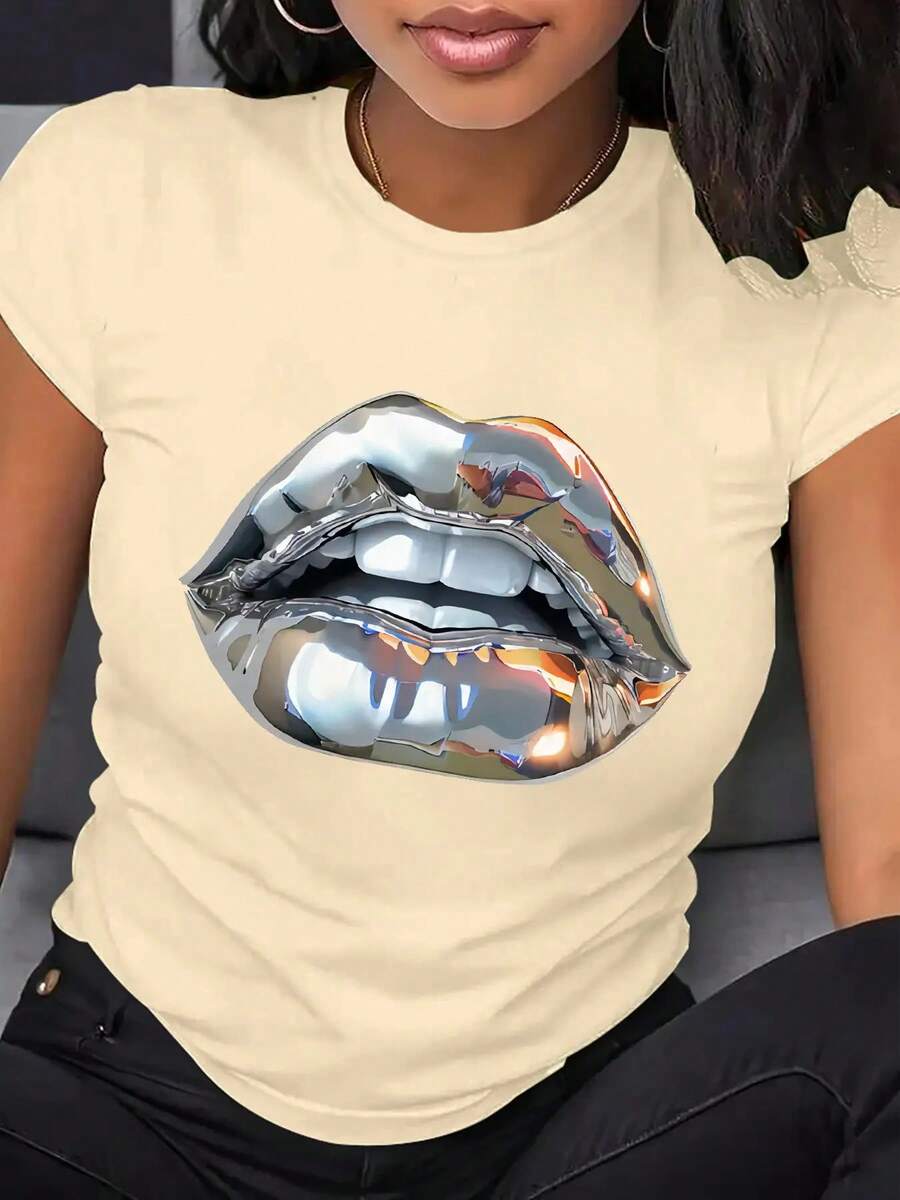 The Women's Casual Summer T-Shirt Is A Fashionable Printed Short-Sleeved T-Shirt, Suitable For Summer, Designed Specifically For Women. - 杏色 - 查看 1