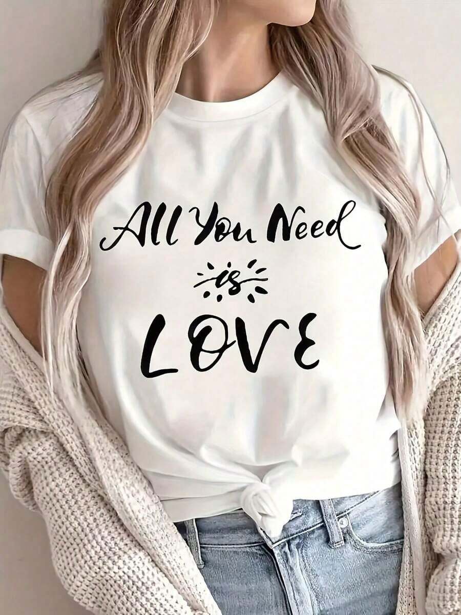 Limited Time Offer, Limited Quantity Available, Flash , Women's Shirts, Women's T-Shirts Women's Short Sleeve T-Shirt "All You Need Is Love" - Semi-Sheer Breathable Casual Blouse With A Love Print, H-Cut, Regular Fit, Ideal For Summer, Machine Washable And Perfect For Layering (For All Seasons). - 白色 - 查看 1