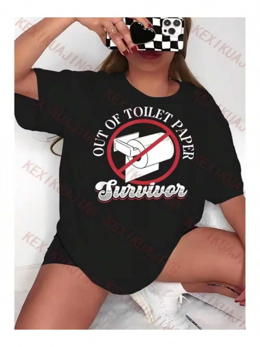 Women's Crew Neck T-Shirt 2026, Printed T-Shirt, "Toilet Paper Without Survivor" Print T-Shirt With Toilet Paper Icon - Lightweight, Breathable, Short-Sleeved Crew Neck T-Shirt, Suitable For Birthdays, Gifts, Spring And Summer Casual Wear, Machine Washable, Suitable For Daughters, Sisters, Mothers, Best Friends, Casual Short-Sleeved Crew Neck Top For Summer And Spring, Women's Clothing. - 黑色 - 查看 1