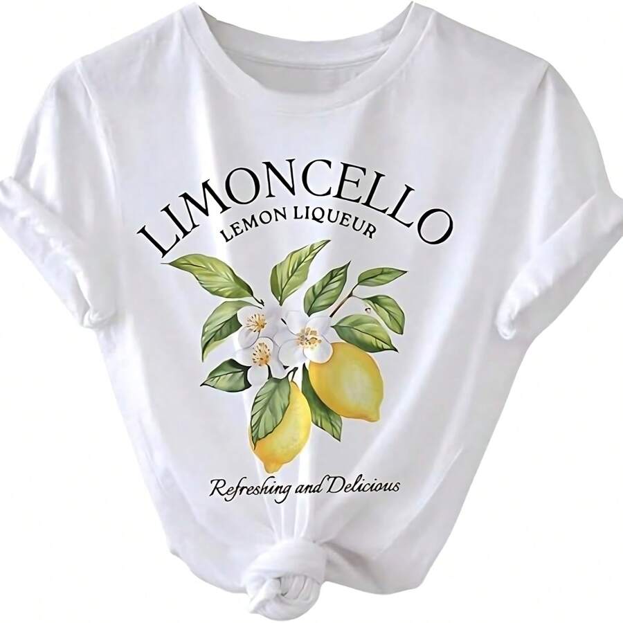 Women's T-Shirt With Lemon And Fruit Lettering Print, Casual Short-Sleeve Graphic Tee, White - White - View 1