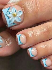 24pcs Blue 3D Petal Square False Nails, Short Square Nail Stickers For Summer, With Gel Glue & Nail File, Suitable For Women's Daily, Date, Party - Multicolor - View 8