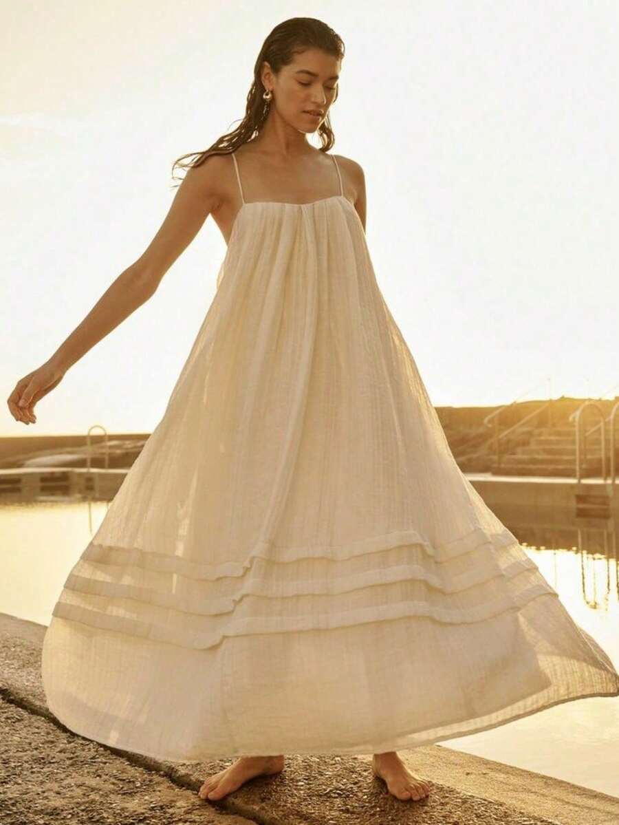 Vestido largo tirantes holgado con bolsillos, estilo vacacional verano 2026 - Amarillo - Ver 1