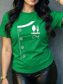 Women's Short-Sleeve T-Shirt With A Fun Chef Print. Original And Modern Design, Ideal For Cooking Enthusiasts. Soft And Comfortable Fabric, Perfect For A Casual And Stylish Look. Express Yourself With This Unique And Personality-Filled Garment! Women's Casual Blouses 100% Cotton - 綠色的 - 查看 1