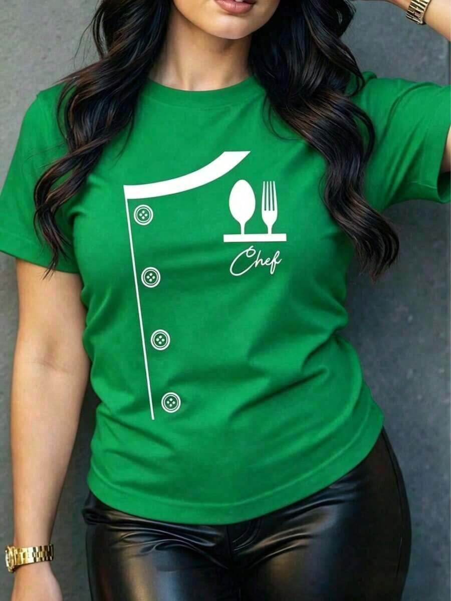 Women's Short-Sleeve T-Shirt With A Fun Chef Print. Original And Modern Design, Ideal For Cooking Enthusiasts. Soft And Comfortable Fabric, Perfect For A Casual And Stylish Look. Express Yourself With This Unique And Personality-Filled Garment! Women's Casual Blouses 100% Cotton - 綠色的 - 查看 1