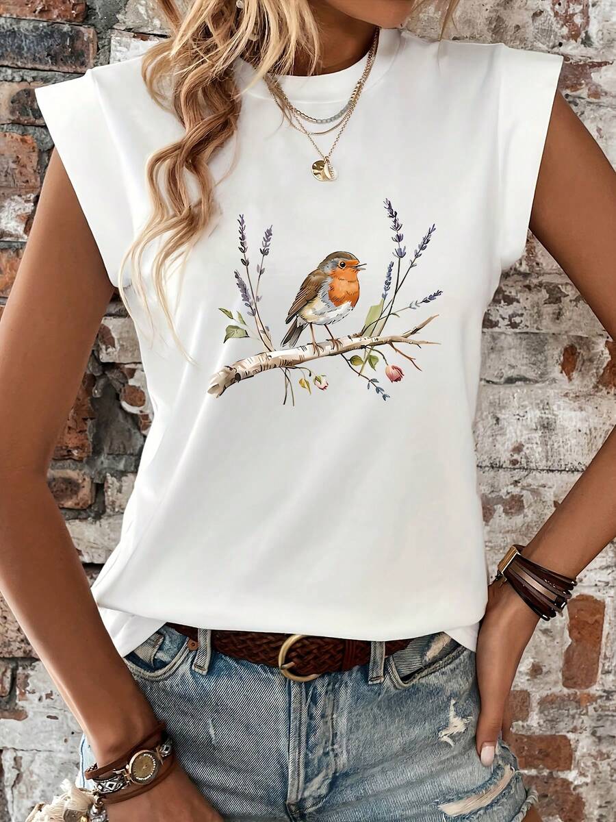 Women's T-Shirt With A Watercolor Graphic Print Of A Robin On A Spring Branch, Designed For Casual Wear In Spring And Summer, With Short Sleeves And A Crew Neck. Casual Women's T-Shirt With Print, Short Sleeves, And A Crew Neck, Local Spring/Summer Streetwear. - 白色 - 查看 1