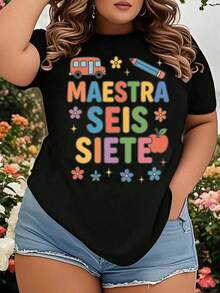Women's T-Shirt, Colorful Teacher Design T-Shirt For Women And Girls, School Themed Graphic T-Shirt With Bus, Pencil, Apple And Flowers Design, Perfect For Back To School Or Teacher's Day - 黑色 - 查看 7