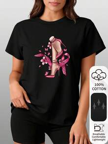 | Exquisite Design | Loose And Comfortable | Easy To Match | 100% Cotton, Printed With A High Heels And Pink Ribbons Design, Short-Sleeved T-Shirt With A Round Neck, Comfortable And Breathable For Everyday Summer Wear, Summer Clothes For Women. - Black - View 7